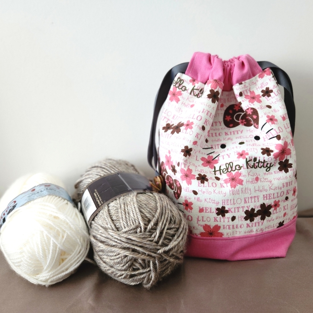 Hello Kitty Project Bag, Knitting Bag, Crochet Bag, Craft bag, canvas bag